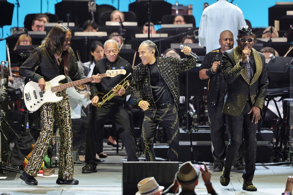 Verdine White, Robert Burns, B. David Whitworth and Philip J. Bailey of Earth, Wind & Fire perform on September 21, 2025.